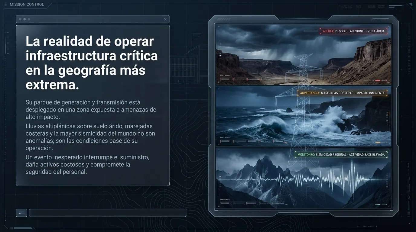Alertas simultáneas de riesgo de aluviones, marejadas costeras y sismicidad regional sobre infraestructura eléctrica.
