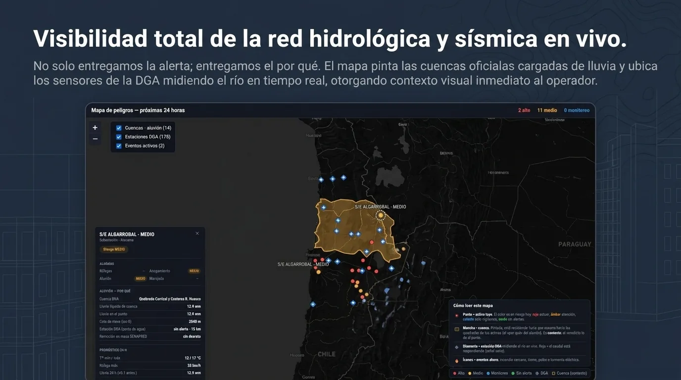 Mapa de peligros de las próximas 24 horas con cuencas cargadas de lluvia, estaciones DGA y eventos activos sobre los activos eléctricos.