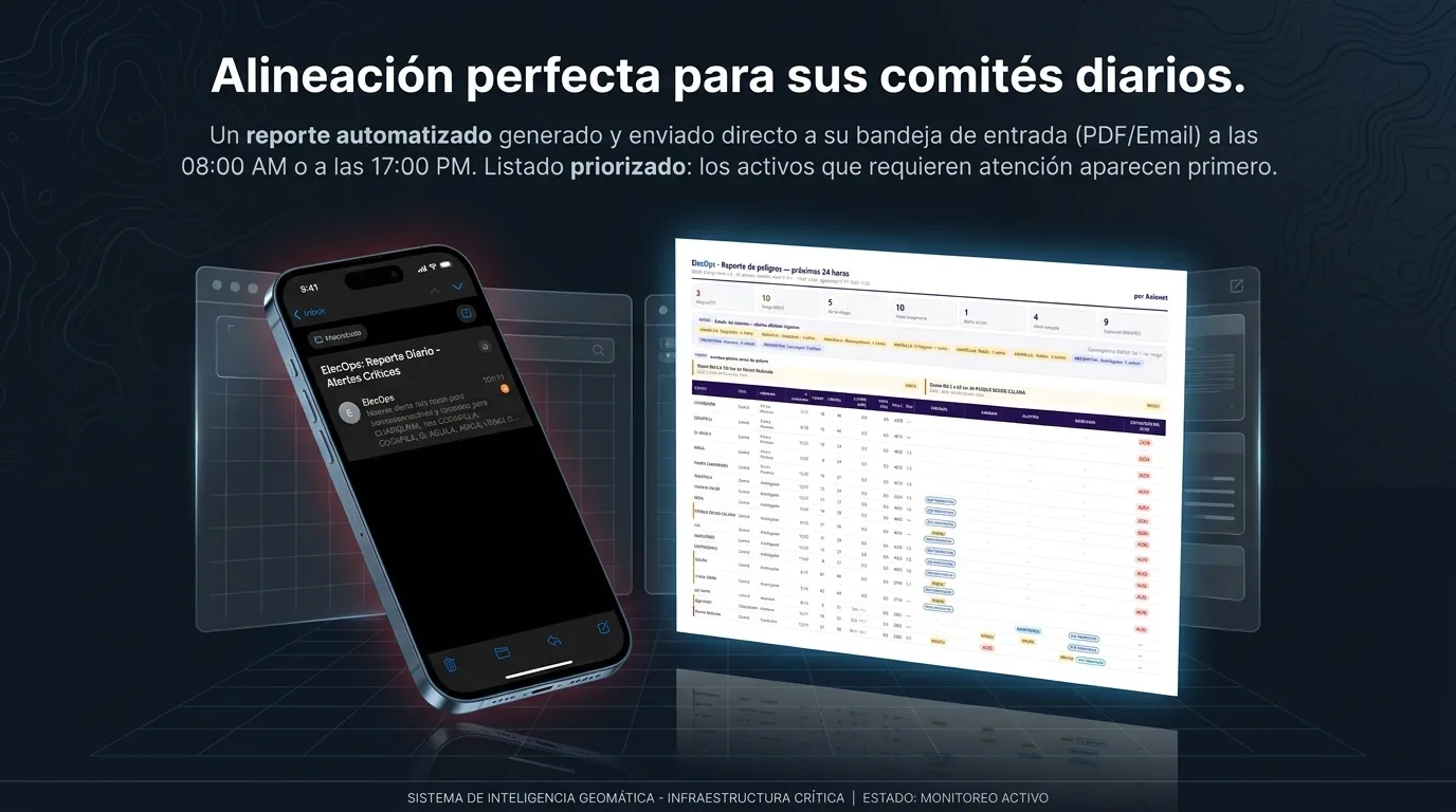 Reporte diario de ElecOps priorizado por severidad, en pantalla y por correo, para el comité de operación.